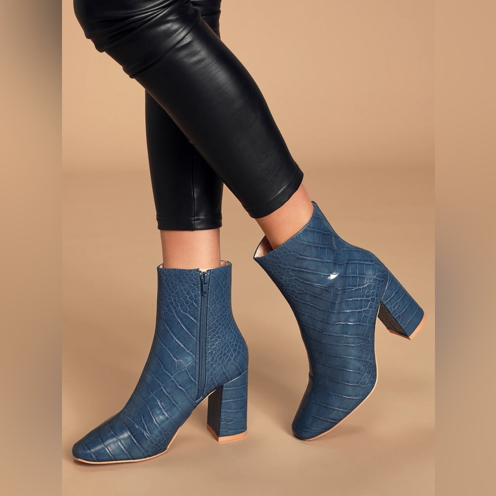 Lulus My Generation Navy Crocodile High Heel Mid-Calf Boots